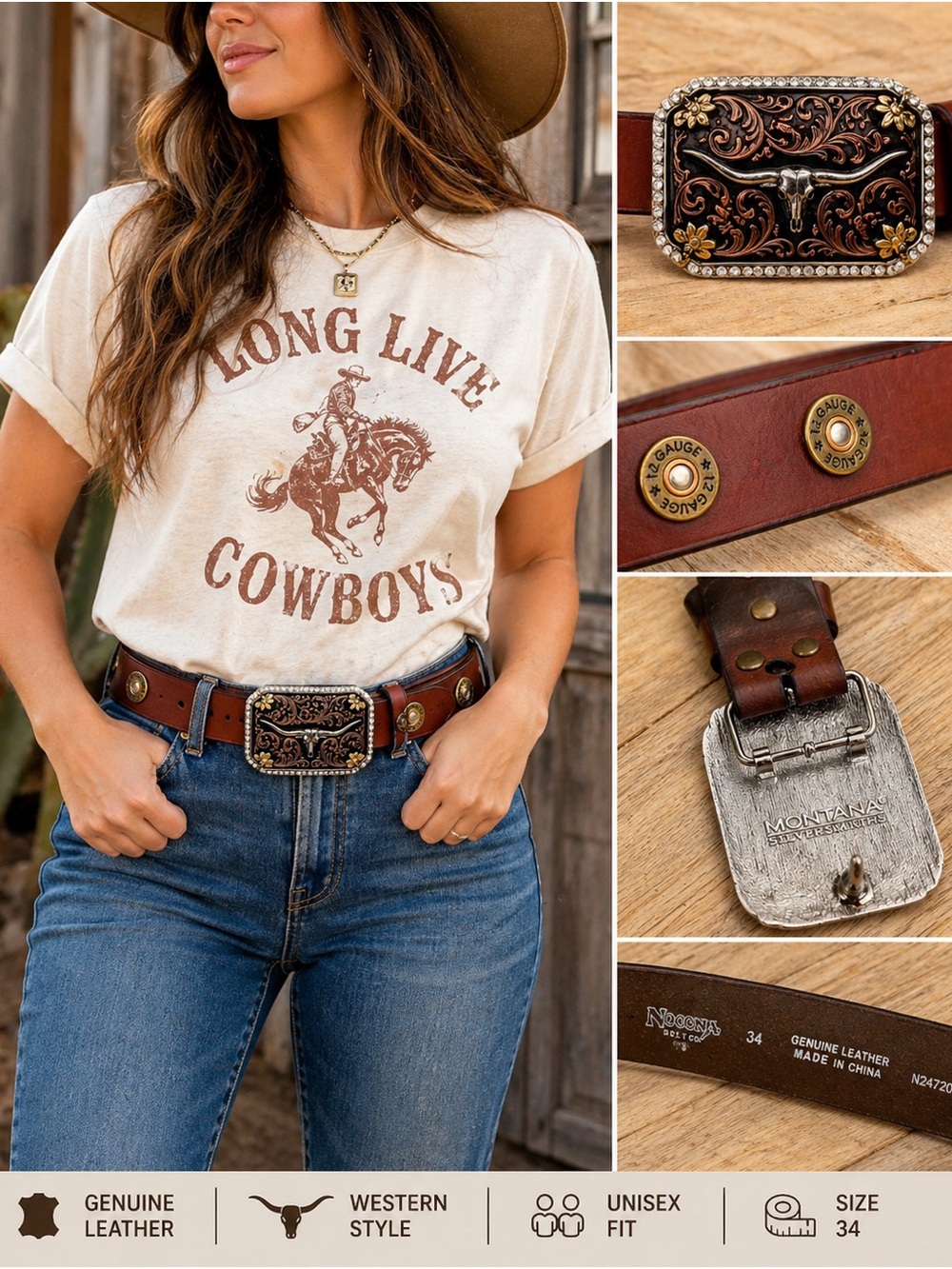 Nocona Western Belt 34 | Montana Silversmiths Longhorn Buckle - unisex